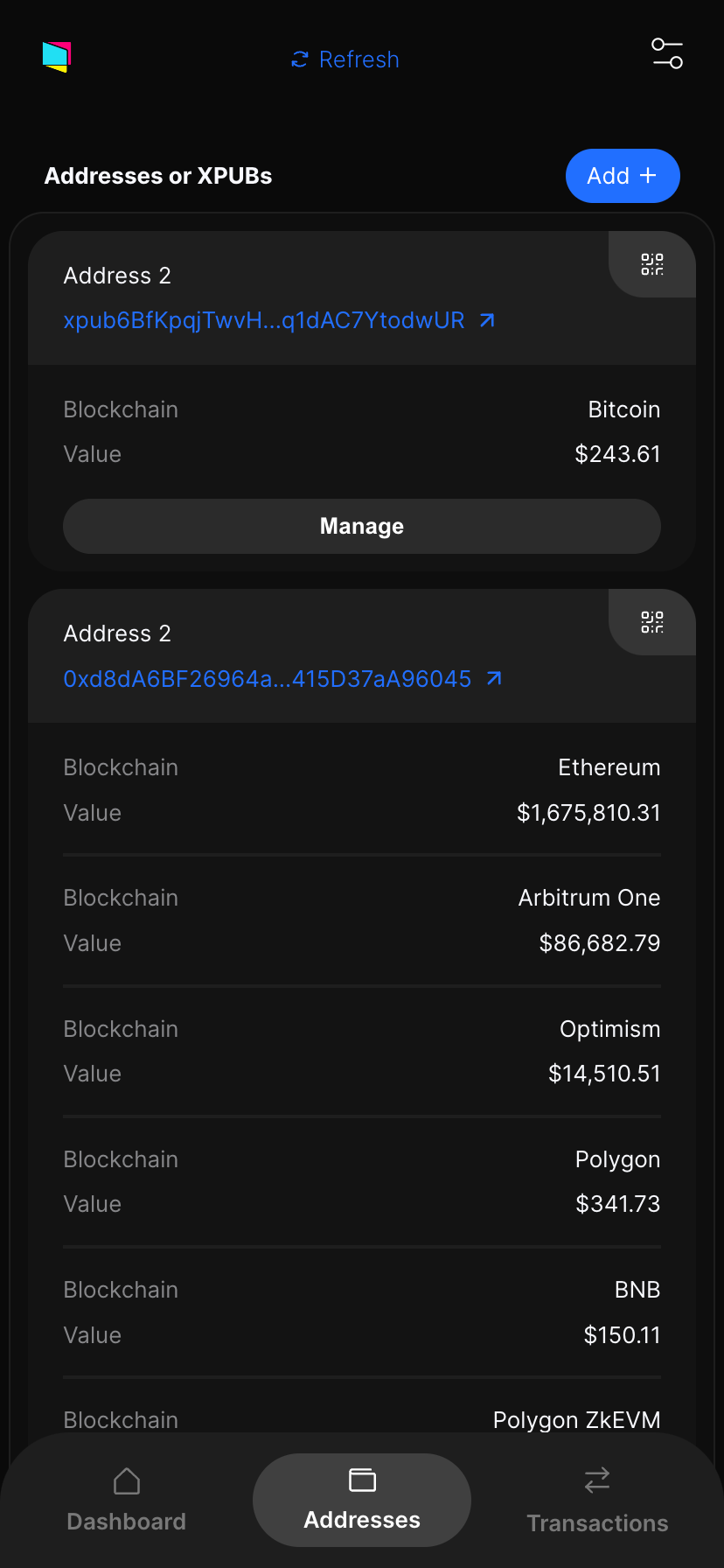 Watch-only crypto wallet addresses page preview